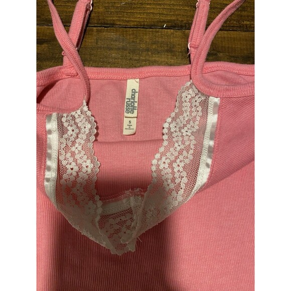 VTG Y2K Charlotte Russe Pink Cami Top Lace Trim Ribbed Coquette Feminine Size S - Picture 2 of 3